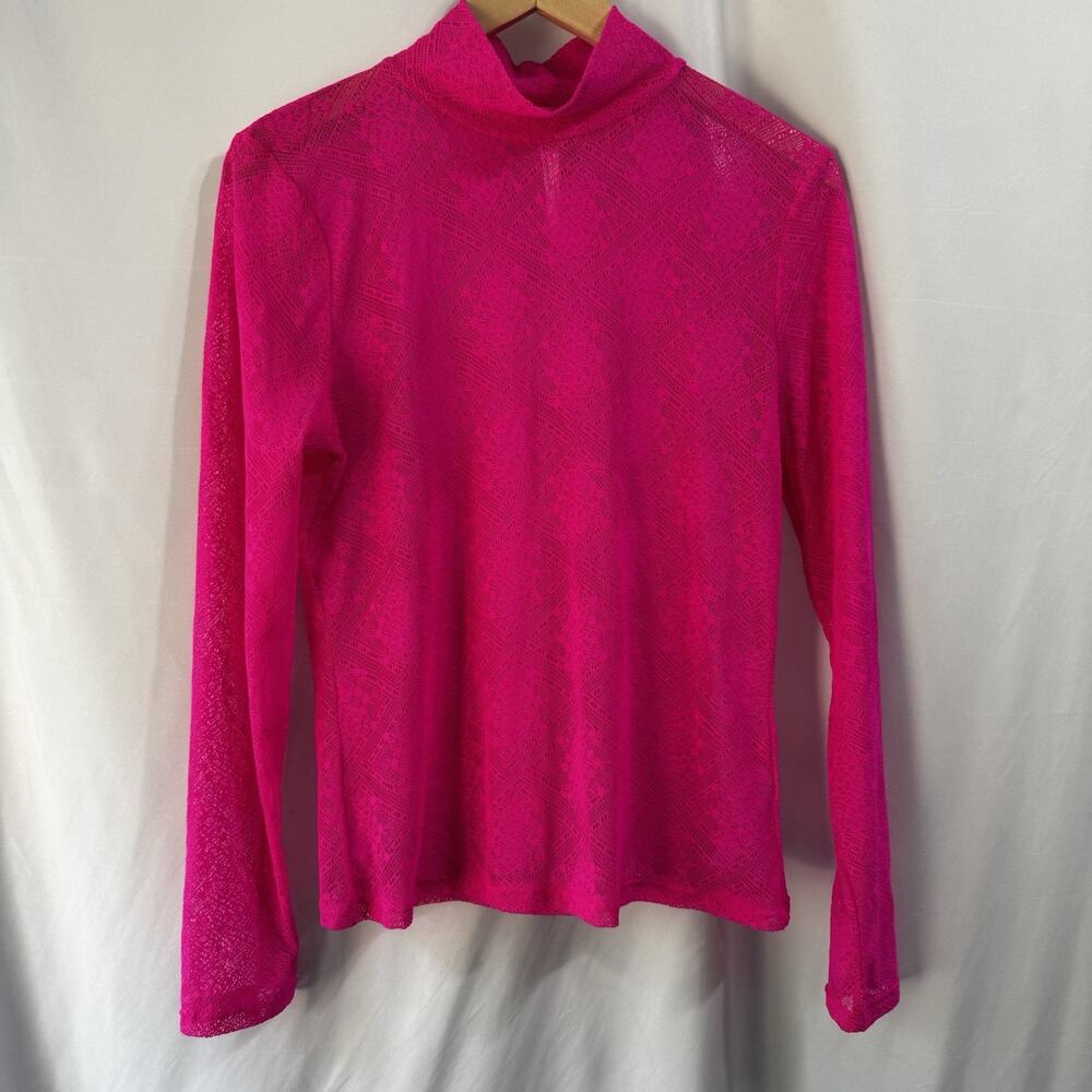 Anthropologie Hot Pink Sheer Long-Sleeve Mock Neck Top